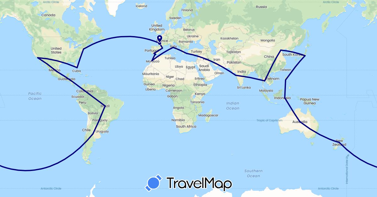 TravelMap itinerary: driving in Argentina, Australia, Brazil, China, Spain, France, Gibraltar, Greece, Indonesia, India, Italy, Japan, Morocco, Mexico, New Zealand, Philippines, Thailand, United States (Africa, Asia, Europe, North America, Oceania, South America)